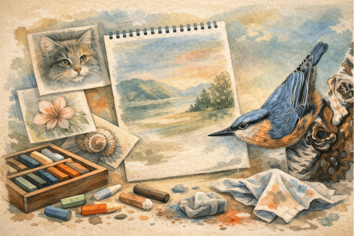 Pasteltekeningen met natuur, dieren en landschappen in zachte kleuren