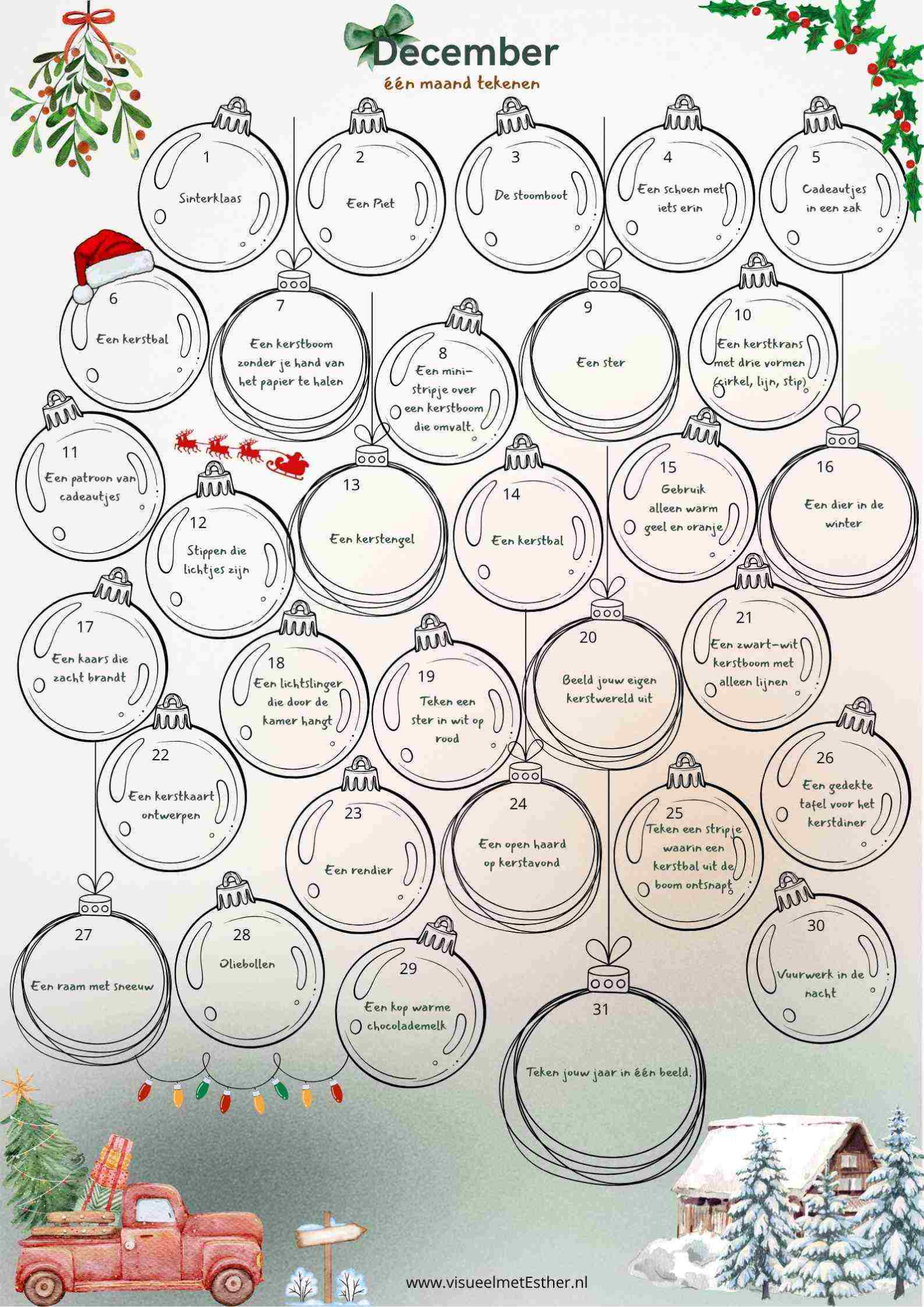 Tekenkalender december voor kinderen met 30 herfstige tekenopdrachten rond bladeren, kastanjes, egels, paddenstoelen, spinnen, bramen en regen.