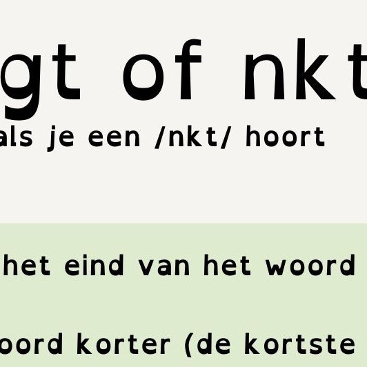 Kennisplaat ngt of nkt met uitleg hoe je met de kortste vorm bepaalt of je ngt of nkt schrijft, zoals vangt en denkt.