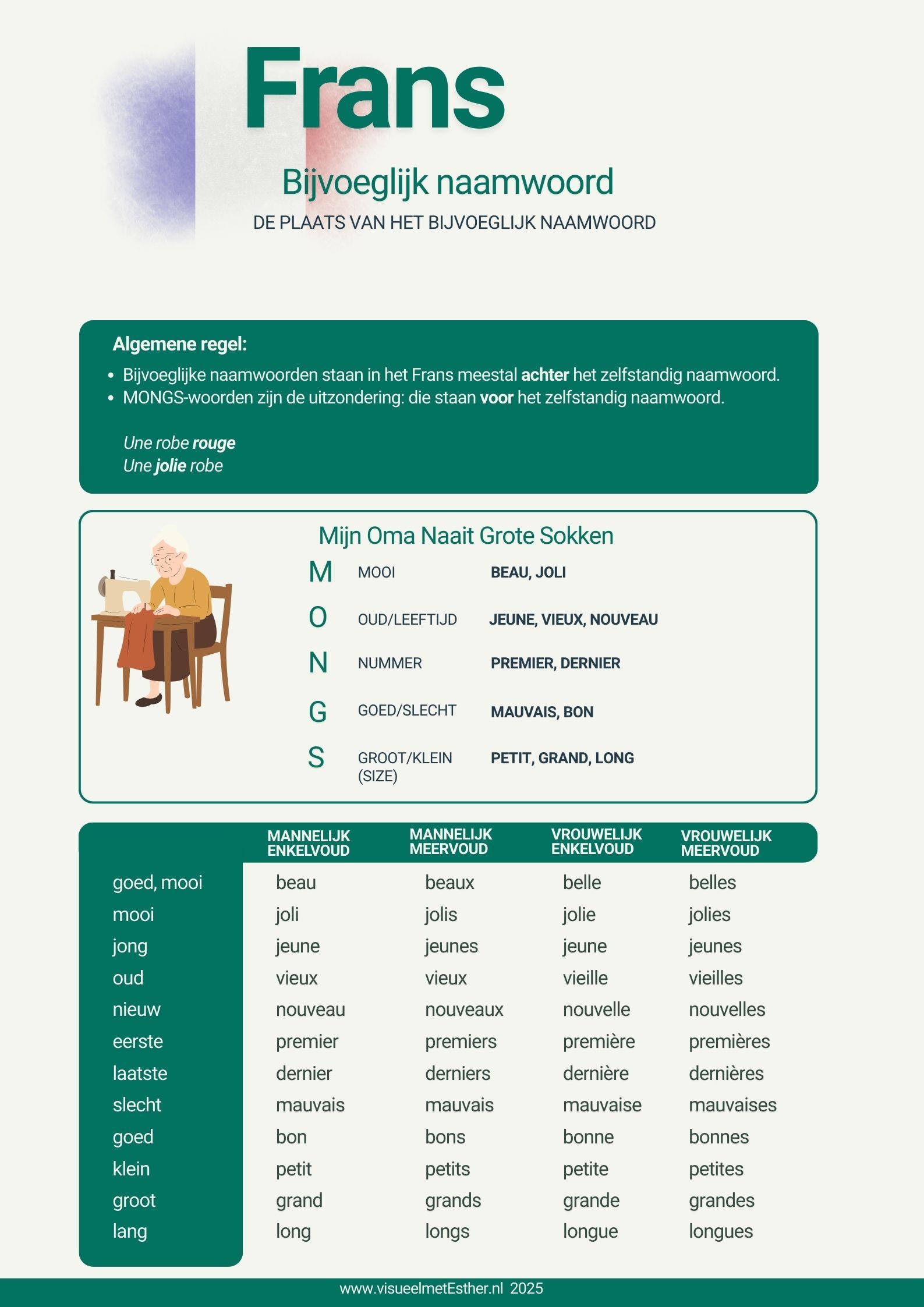 Kennisplaat Frans plaats bijvoeglijk naamwoord met MONGS regel en overzicht van beau, vieux en nouveau