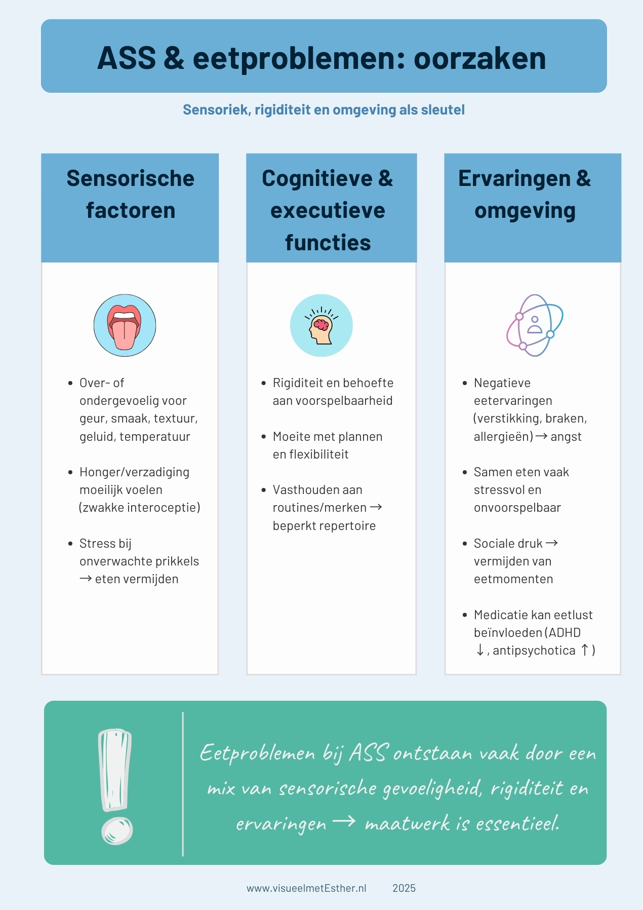 Infographic over oorzaken van eetproblemen bij autisme met aandacht voor sensorische gevoeligheid, rigiditeit, interoceptie, stress, omgevingsinvloeden en medicatie.