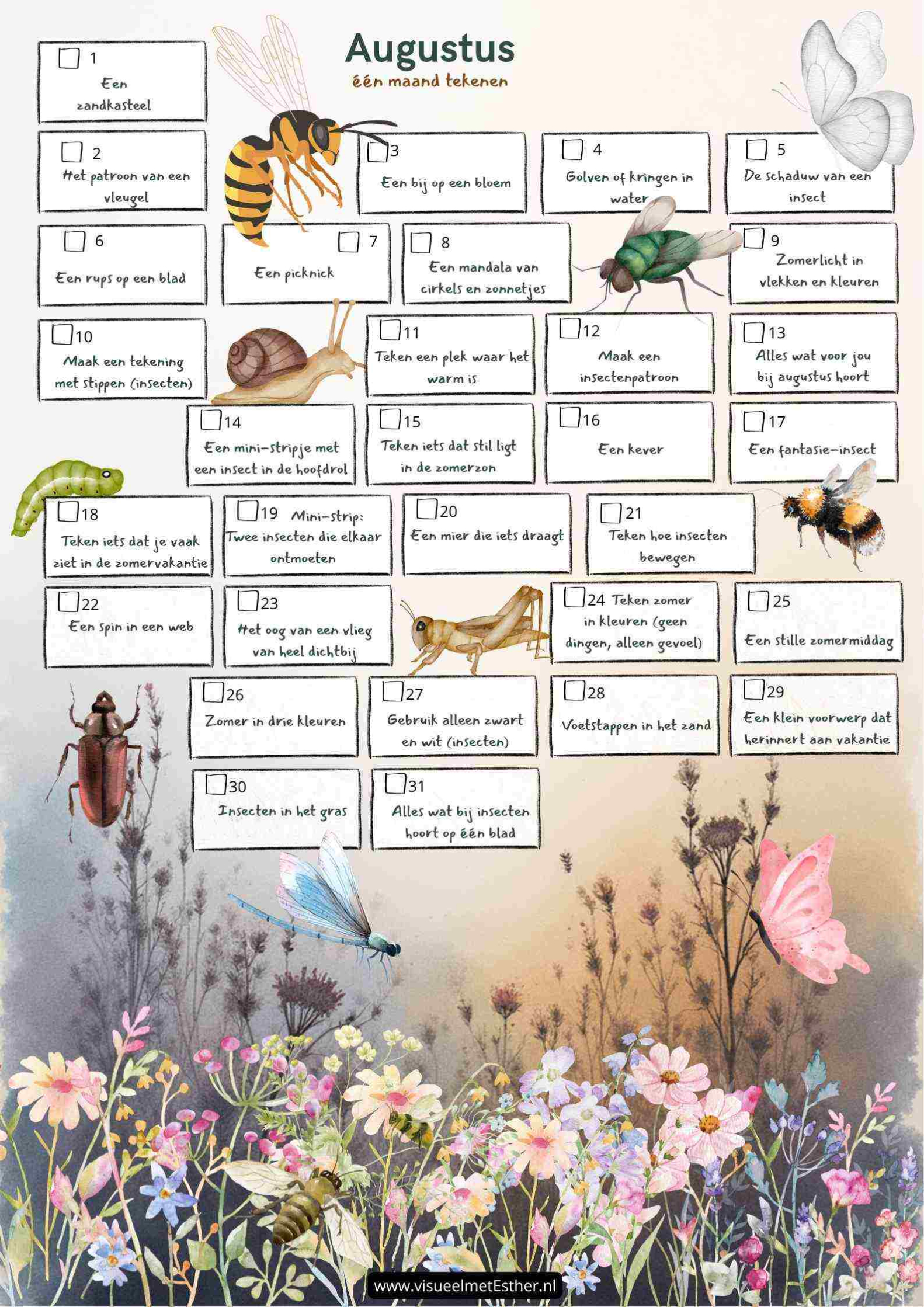 31 zomerse tekenopdrachten rond insecten, vlinders, bijen, kevers, zand, vakantie en zomerkleuren.