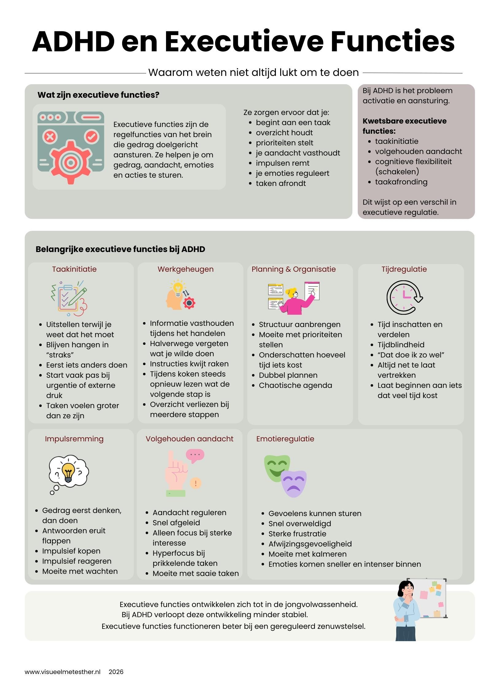 Kennisplaat ADHD met kernkenmerken, executieve functies en impact.