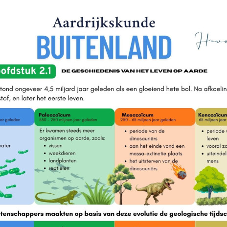 Een visuele uitleg van de geschiedenis van het leven op aarde. De kennisplaat laat zien hoe de geologische tijdschaal is opgebouwd en wanneer de grote massa-extincties plaatsvonden.
