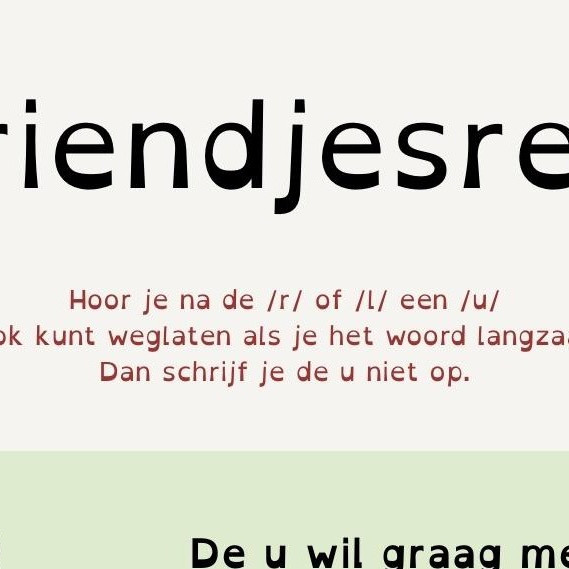 Kennisplaat Vriendjesregel met uitleg dat je de u na r of l niet schrijft en voorbeelden zoals melk, arm en harp.
