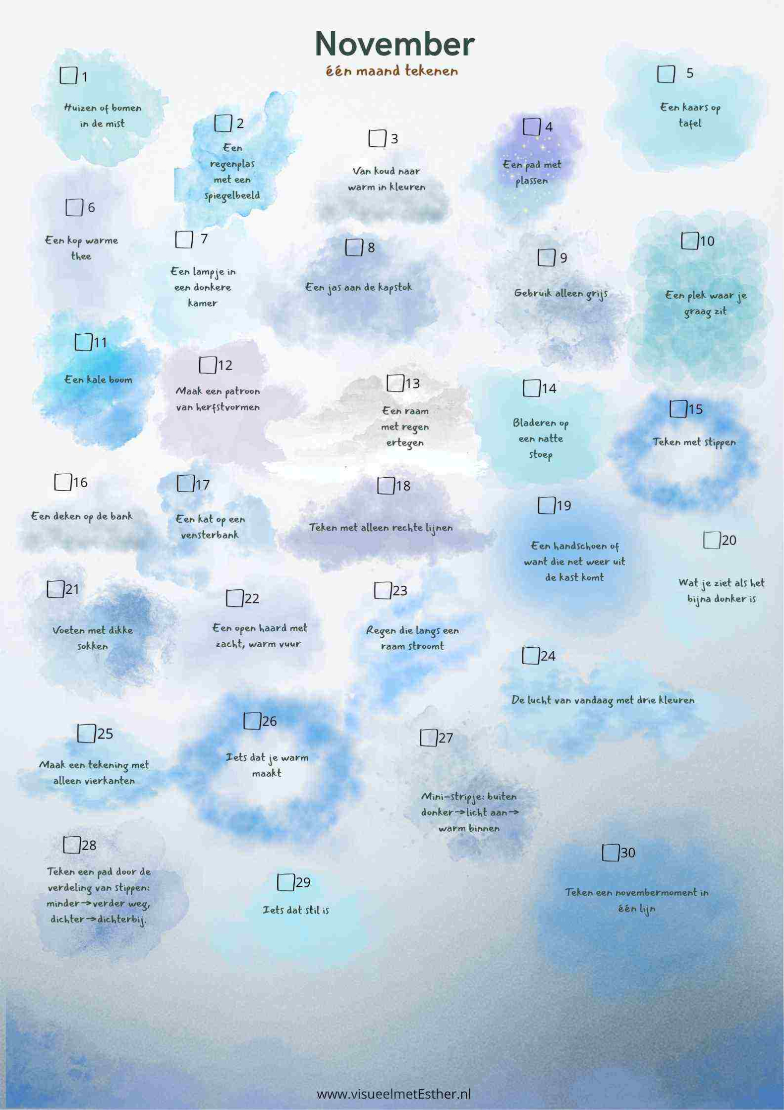 Tekenkalender november voor kinderen met 30 herfstige tekenopdrachten rond bladeren, kastanjes, egels, paddenstoelen, spinnen, bramen en regen.