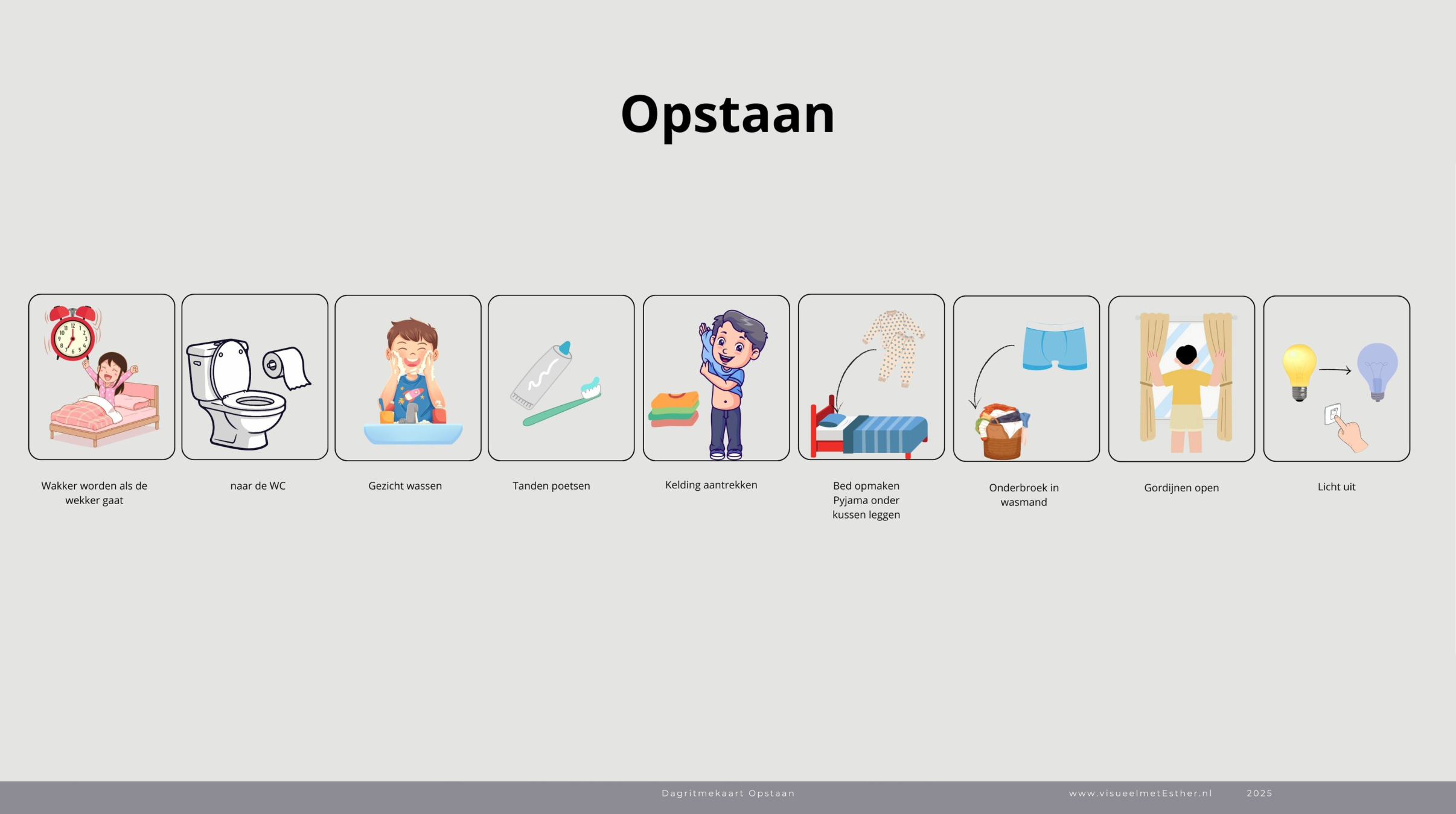 Dagritmekaart opstaan met pictogrammen voor de ochtendroutine, zoals wakker worden, naar de wc gaan, wassen, tanden poetsen, aankleden en het licht uitdoen.