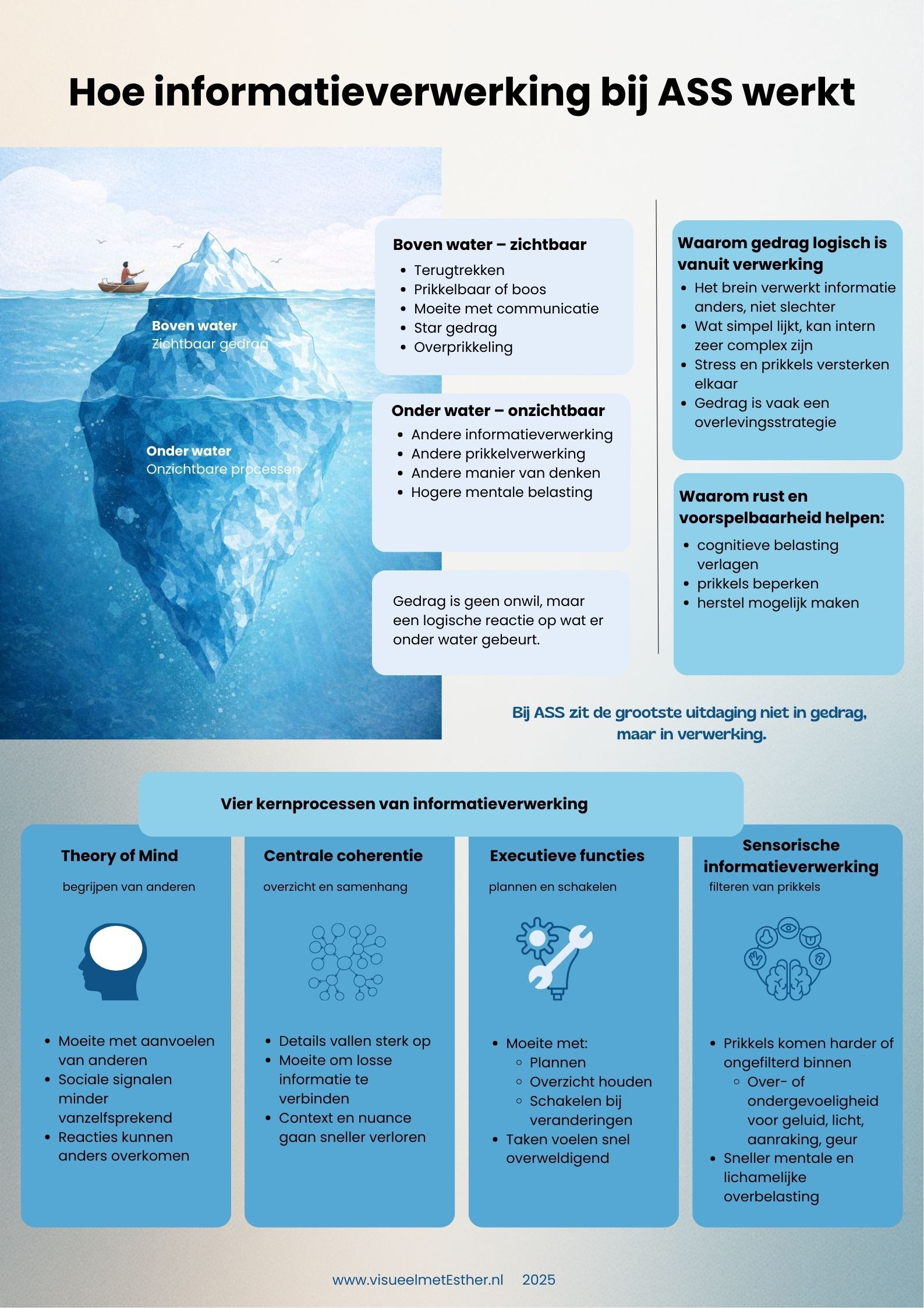 Infographic informatieverwerking bij autisme met ijsbergmodel: onzichtbare processen onder water en zichtbaar gedrag boven water.