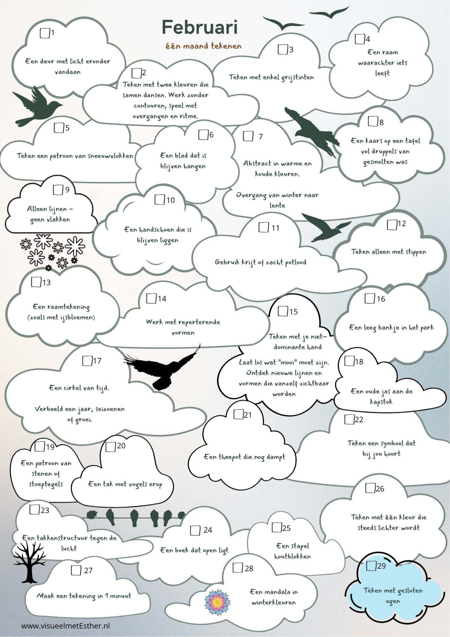 Tekenkalender februari met creatieve tekenopdrachten rond winter, lente, grijstinten, vogels, takken, patronen en tekenen voor ontspanning.