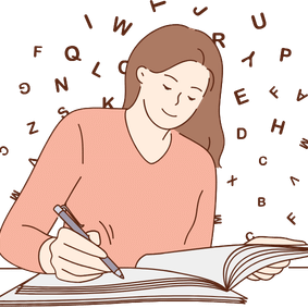 Persoon die schrijft in een boek als symbool voor visuele hulpmiddelen en verwerking