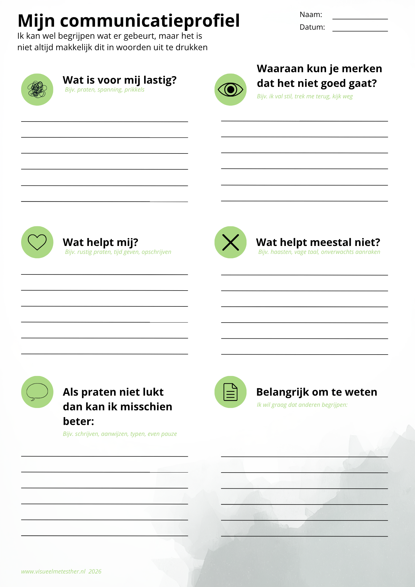 Invulbaar werkblad Mijn communicatieprofiel om communicatiebehoeften, signalen en helpende strategieën in kaart te brengen.