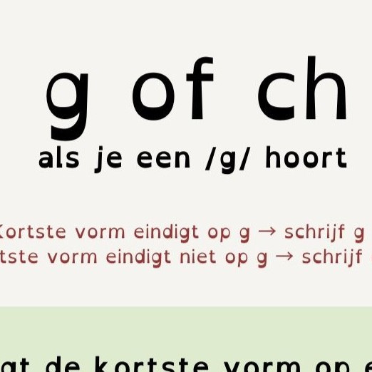 Kennisplaat g of ch met uitleg hoe je met de kortste vorm bepaalt of je g of ch schrijft, met voorbeelden zoals vlieg en lucht.