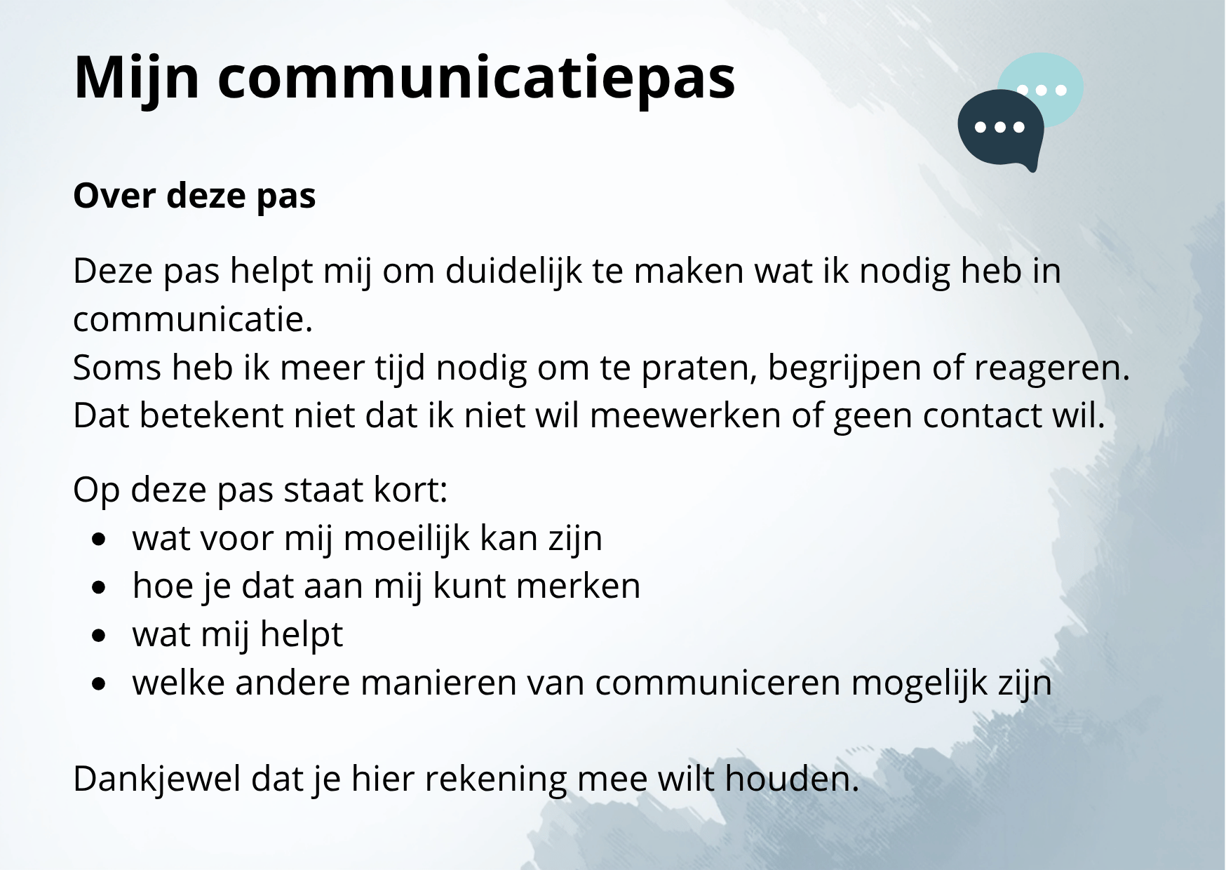 Invulbaar werkblad Mijn communicatieprofiel om communicatiebehoeften, signalen en helpende strategieën in kaart te brengen.