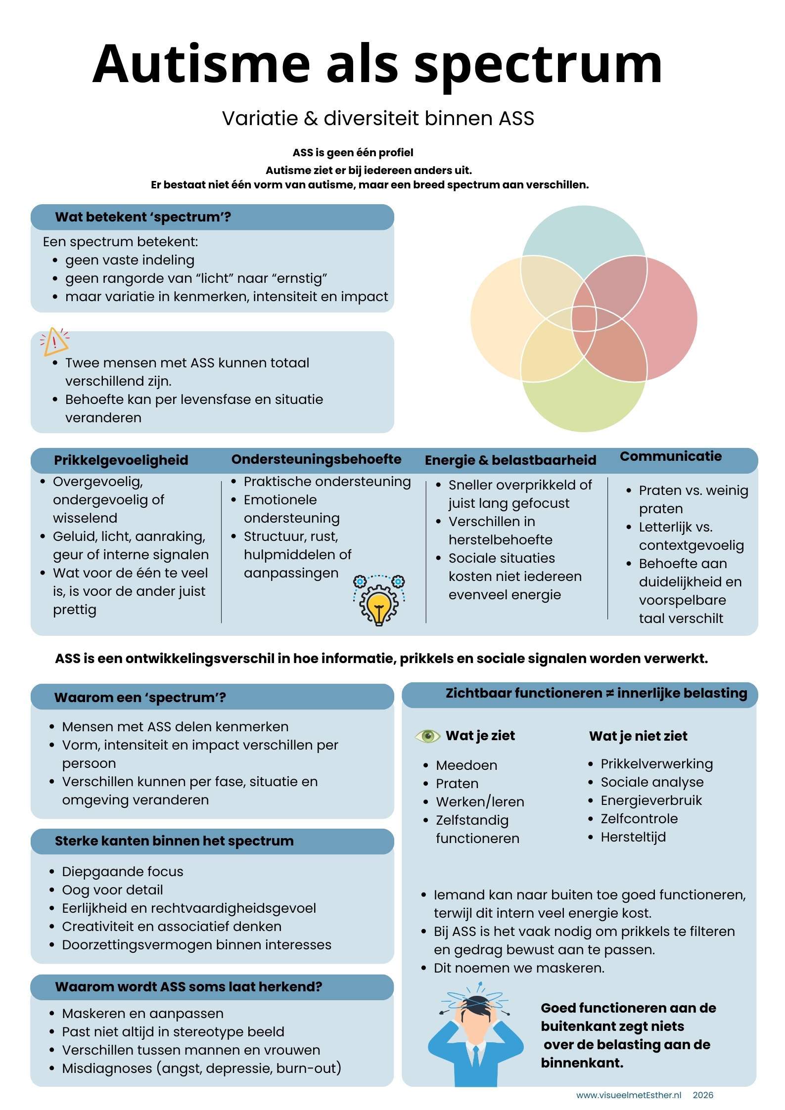 Infographic informatieverwerking bij autisme met ijsbergmodel: onzichtbare processen onder water en zichtbaar gedrag boven water.
