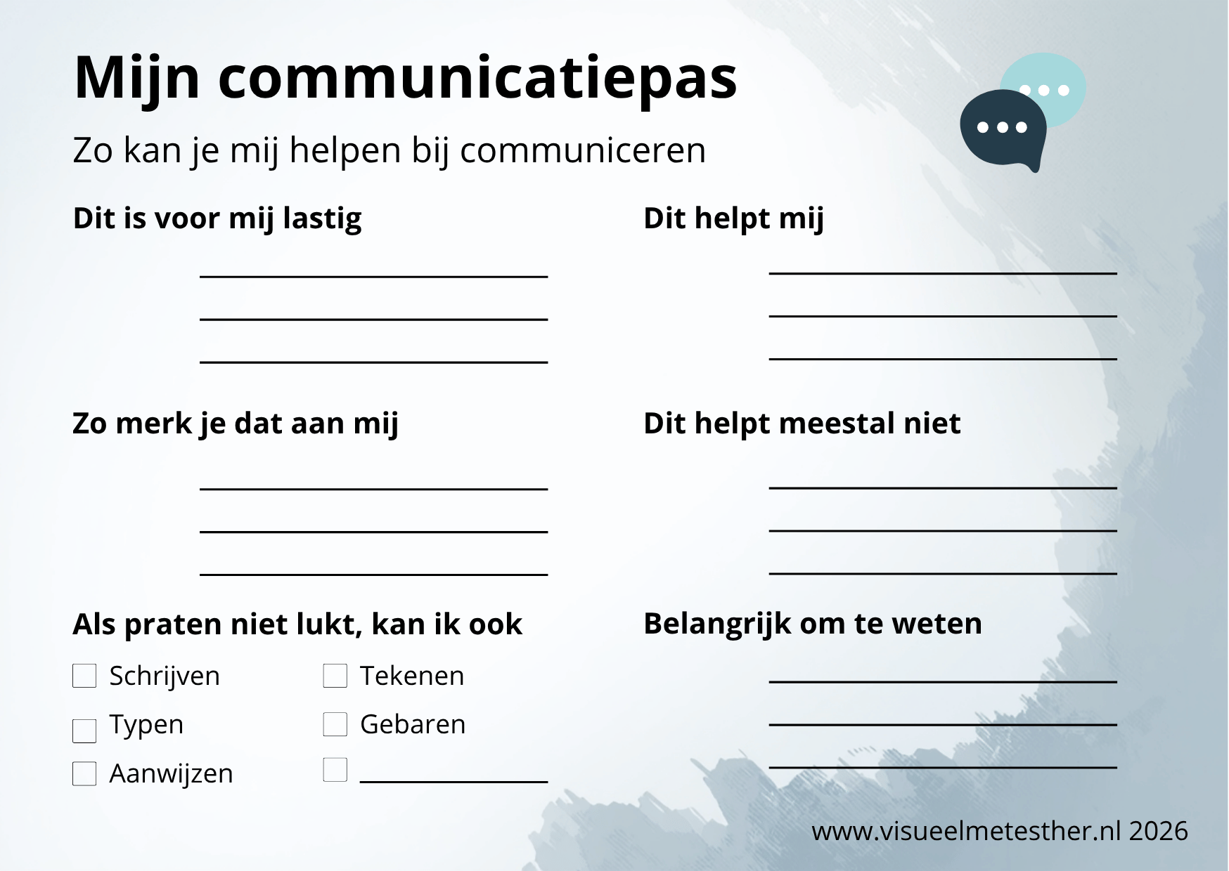 Invulbaar werkblad Mijn communicatieprofiel om communicatiebehoeften, signalen en helpende strategieën in kaart te brengen.