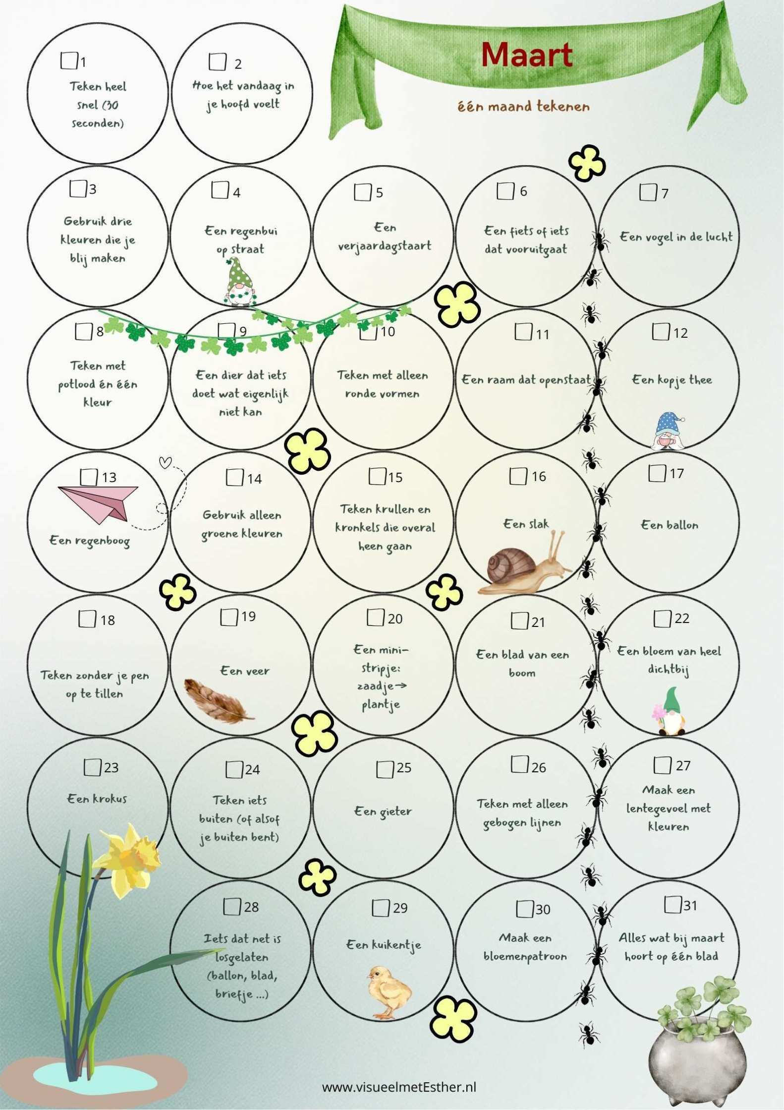 31 lente tekenopdrachten rond  vogels, bloemen, kuikentjes, kleur, beweging en fantasie.