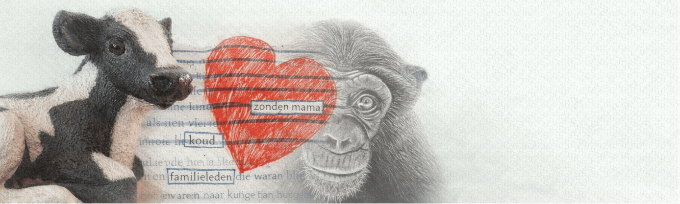 Creatieve werken van VisueelMetEsther: stiftgedicht met hart, boetseerwerk van een koe en een pasteltekening van een aap