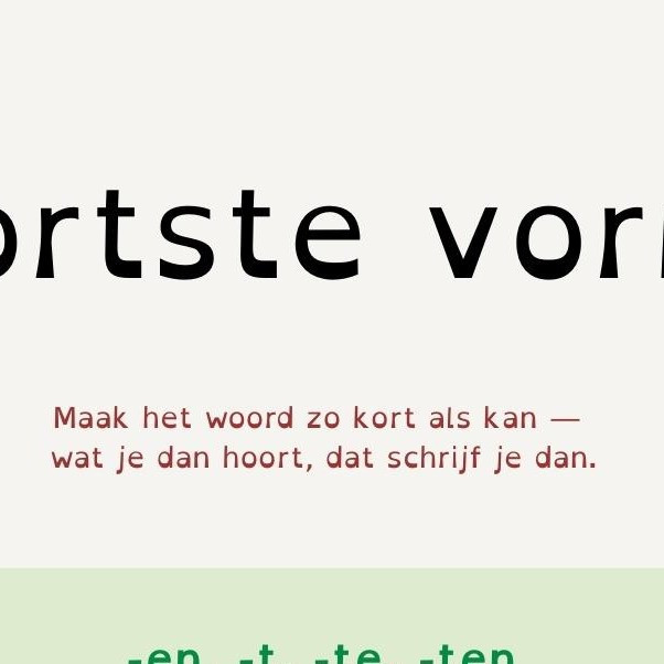 Kennisplaat Kortste vorm met uitleg hoe je een woord korter maakt om te bepalen welke klank je schrijft, zoals zoek van zoekt.