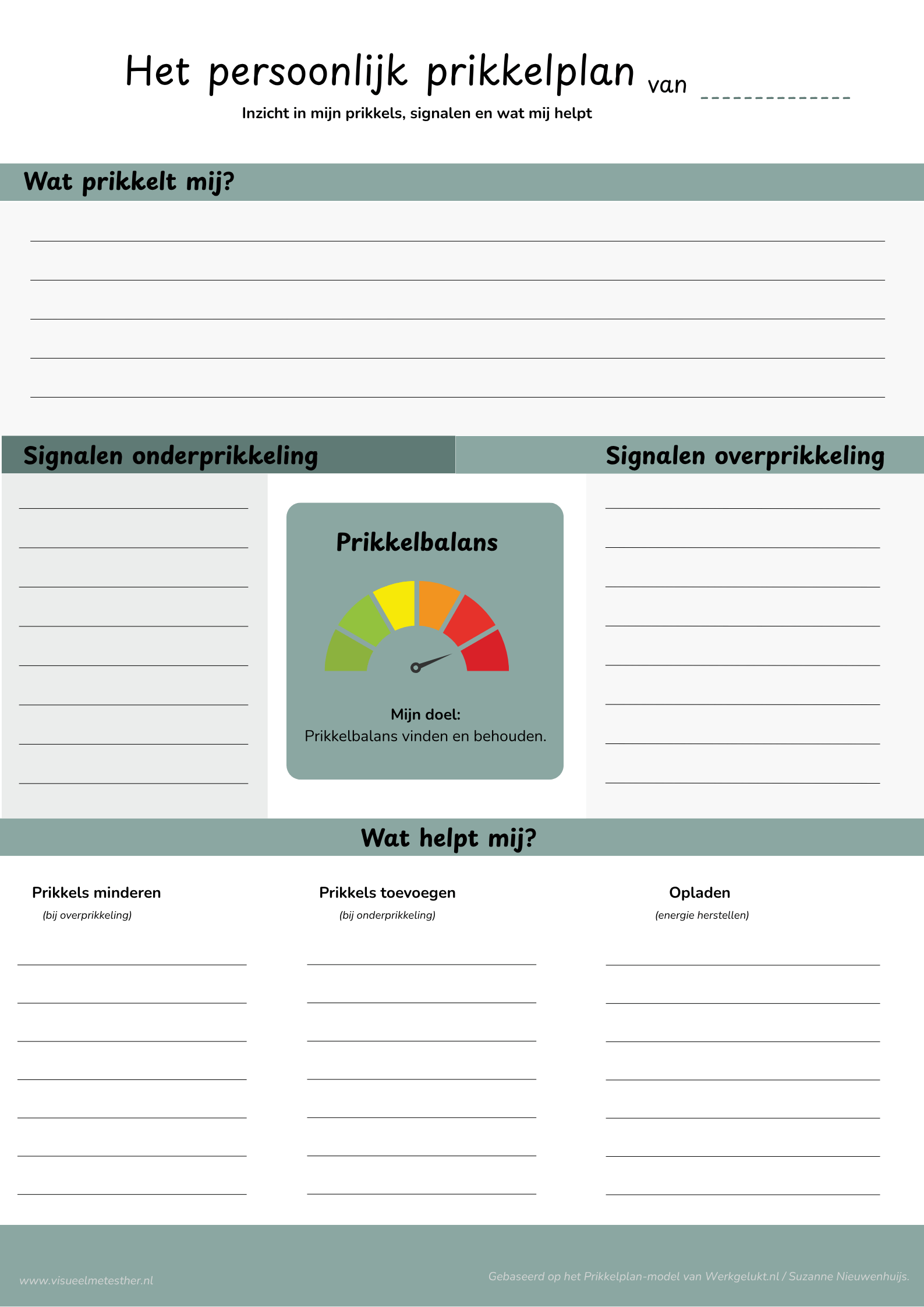Invulbaar persoonlijk prikkelplan met vakken voor prikkels, signalen van onderprikkeling en overprikkeling, prikkelbalans en helpende acties zoals prikkels minderen, prikkels toevoegen en opladen.